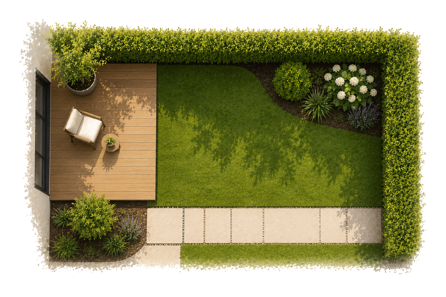 Vue de jardin paysager avec terrasse, pelouse, haies et massifs