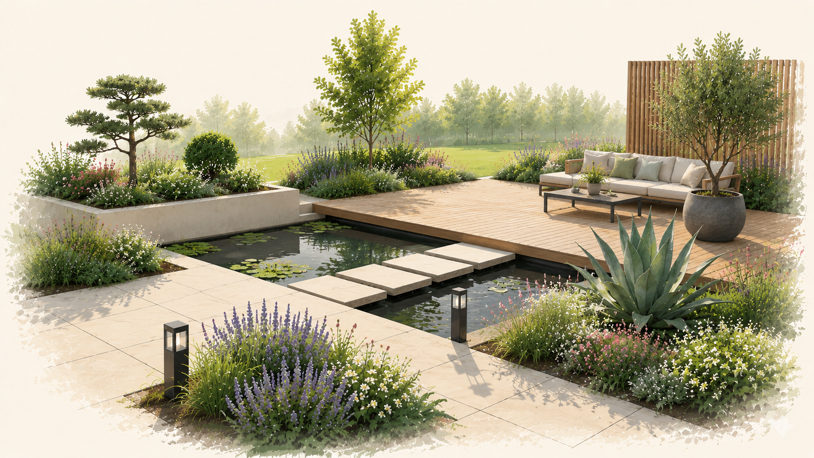 Illustration d’un jardin paysager avec terrasse et bassin
