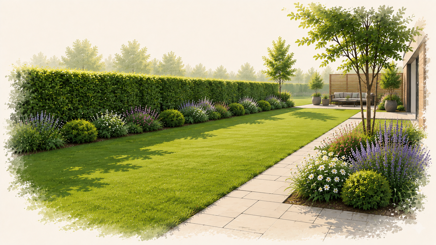 Illustration d’un jardin entretenu avec pelouse, haie et massifs